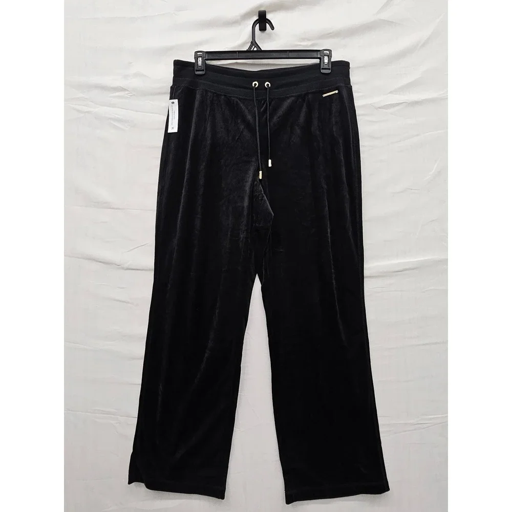 Halston Womens Velour Ribbed Pants Black Polyester Blend Casual Size Large